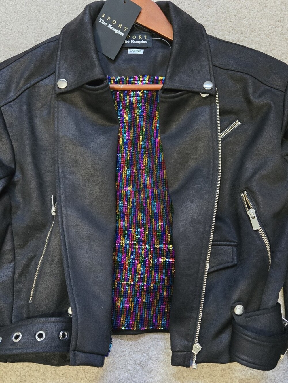 The Kooples NWT Black Leather Moto Jacket with Multicolor Sequin Lining.